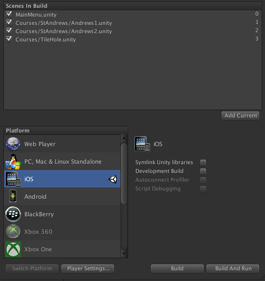 screenshot of build settings dialog